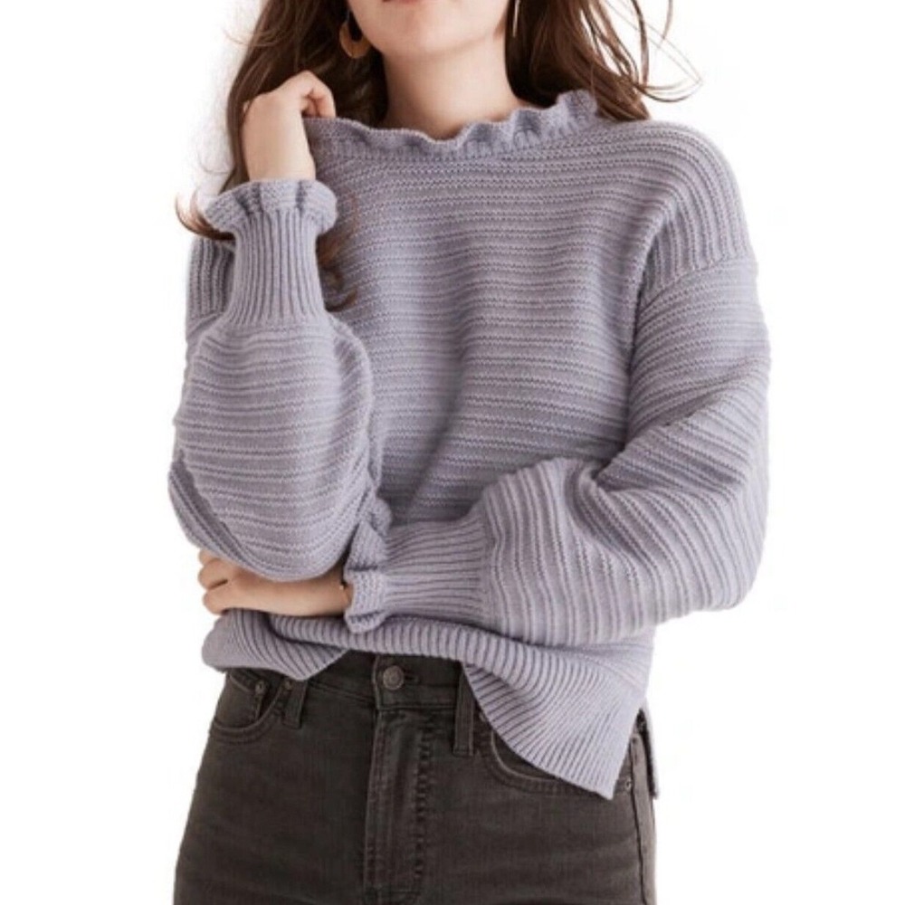Ruffle-Neck Pullover Sweater in Cotton-Merino Yarn In Lilac Size Small Cozy Knit